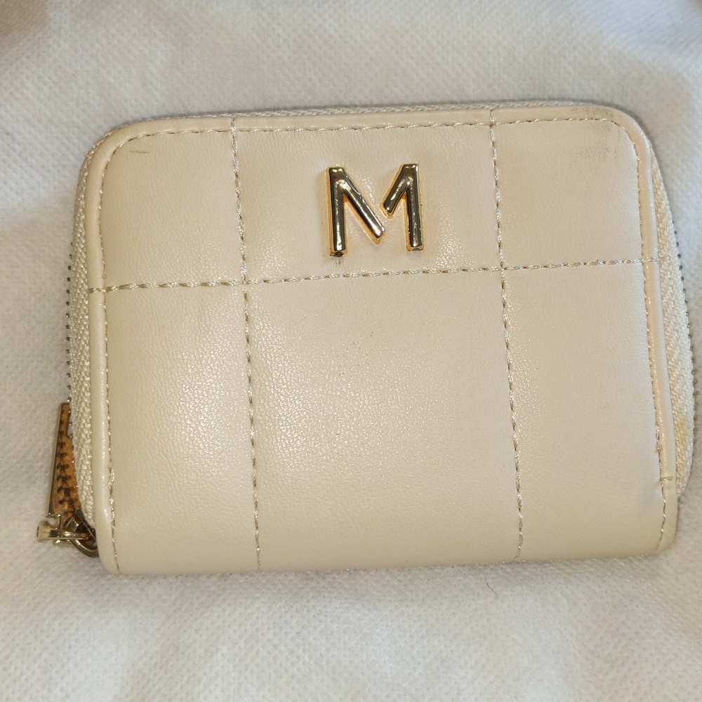MANGO Cream Quilted Zip Around Wallet with Gold M Accent